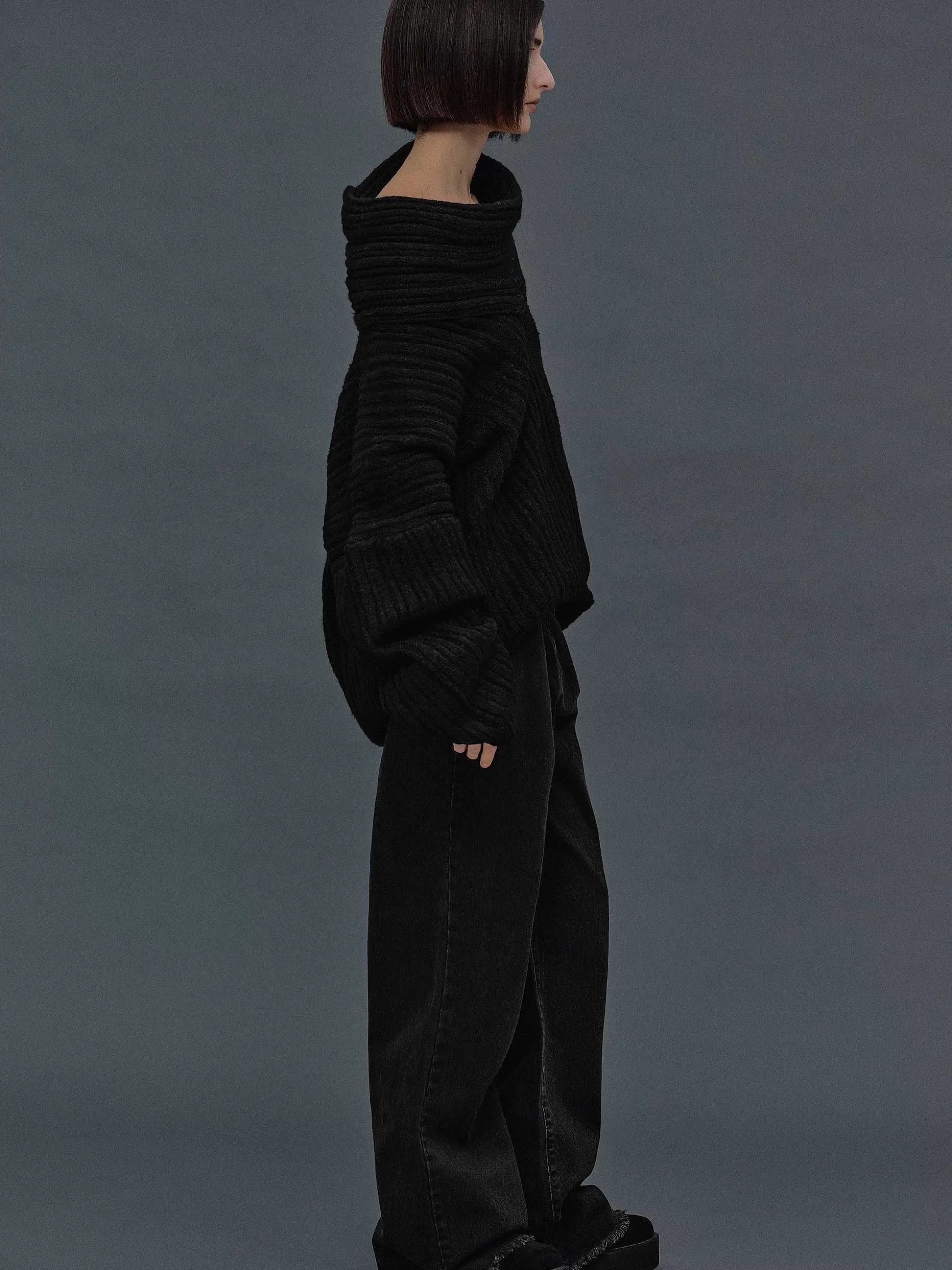 Source Unknown Becca Pull Surdimensionne En Tricot A Rouleau Haut, Noir Hot