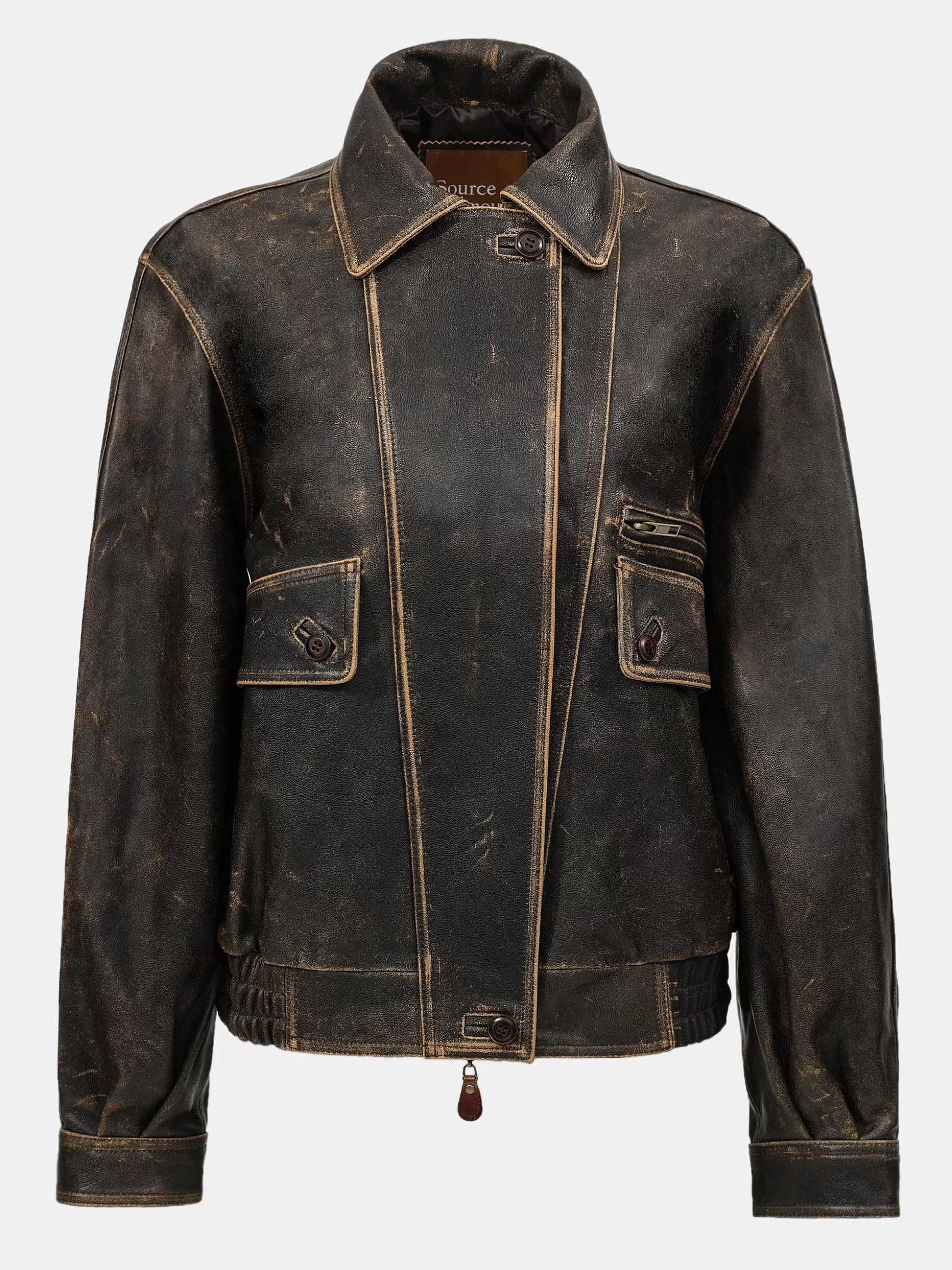 Source Unknown Blouson Aviateur En Cuir D'Agneau Delave Geva, Marron Clearance