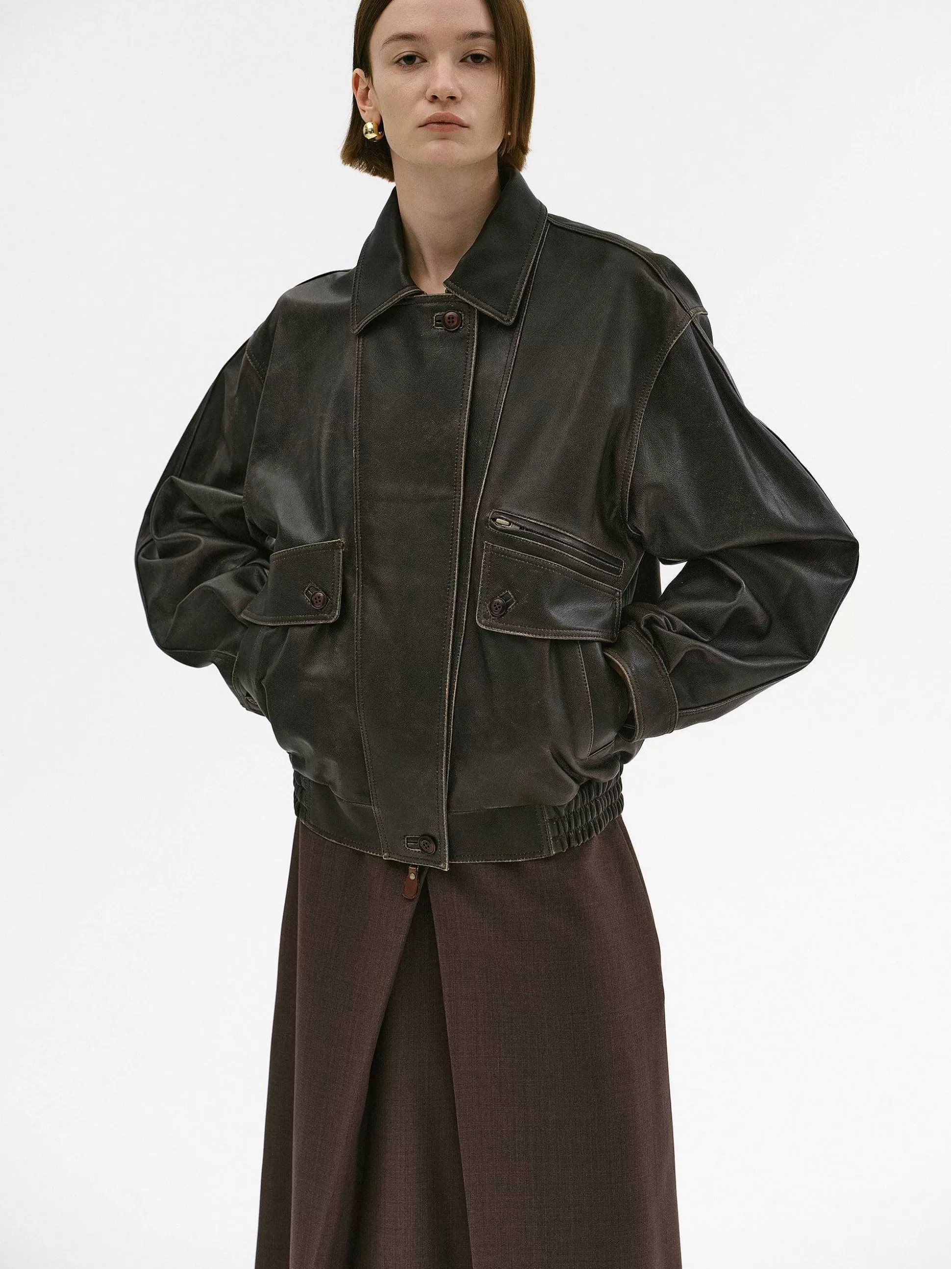 Source Unknown Blouson Aviateur En Cuir D'Agneau Delave Geva, Marron Cheap