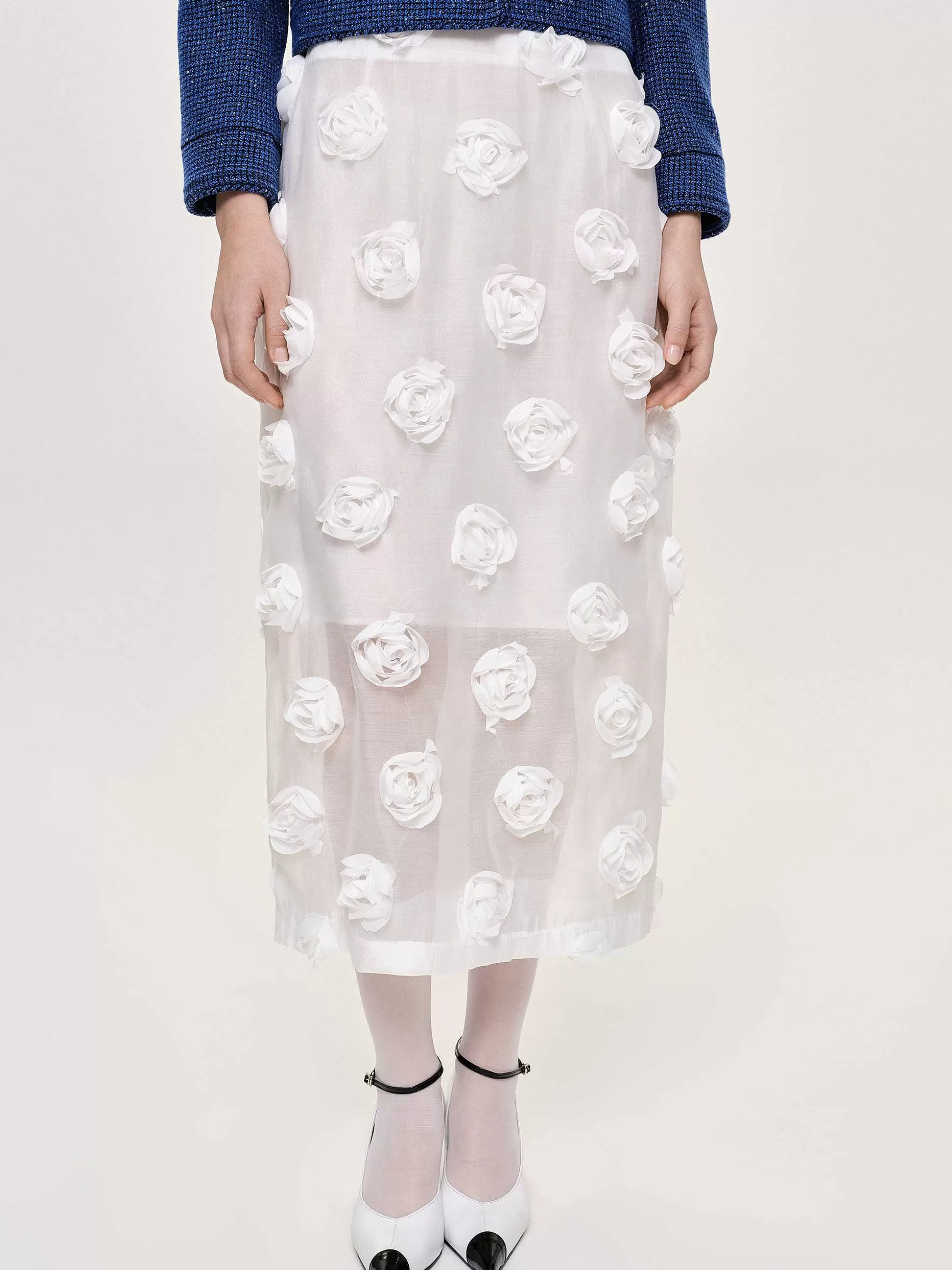 Source Unknown Jupe Mi-Longue A Appliques Roses, Blanc Store
