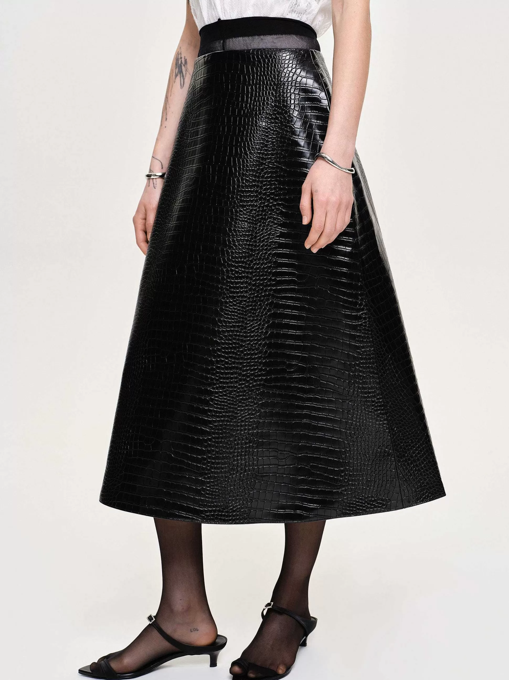 Source Unknown Jupe Mi-Longue Gaufree Croco, Noir Cheap