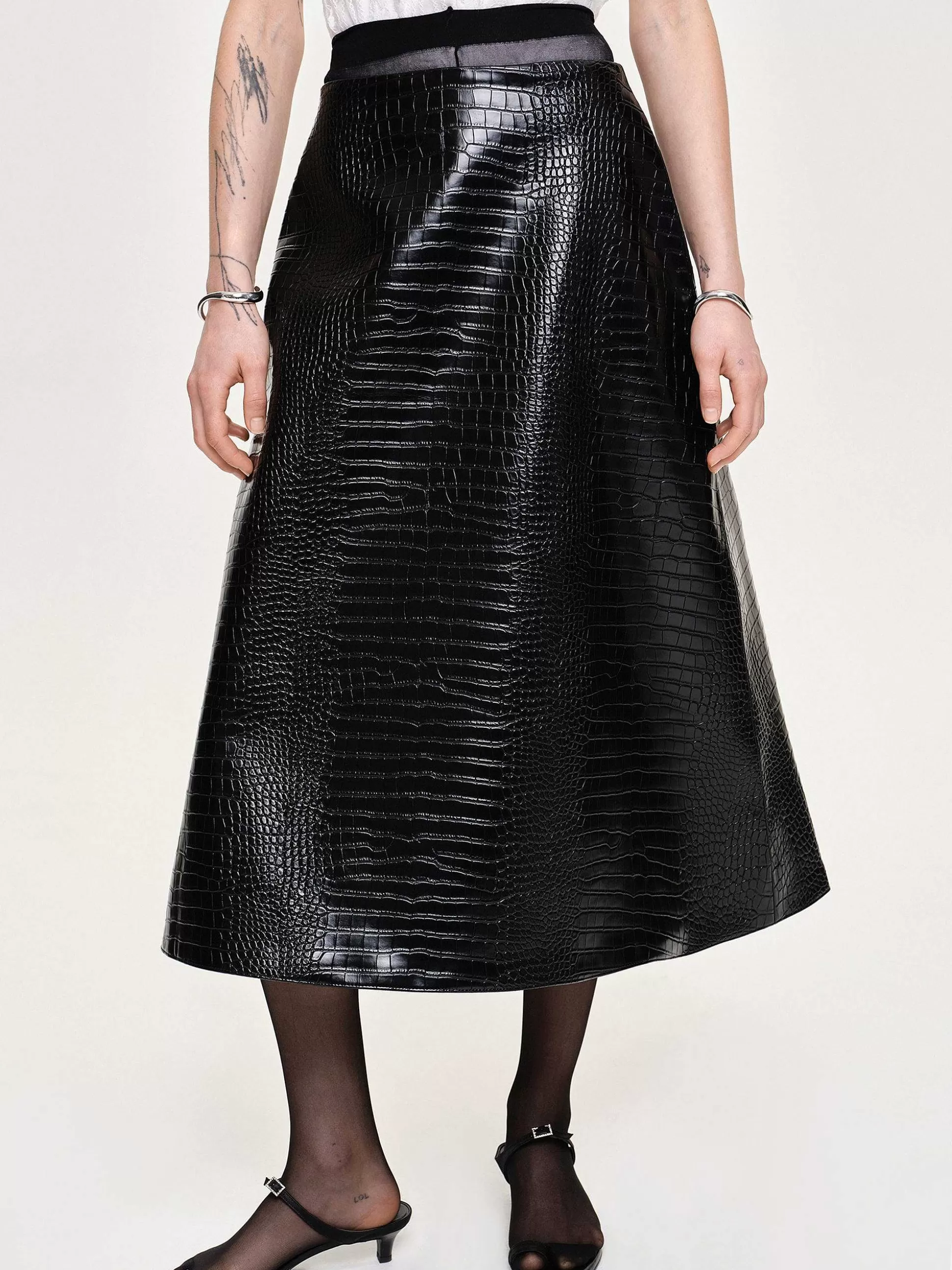 Source Unknown Jupe Mi-Longue Gaufree Croco, Noir Hot