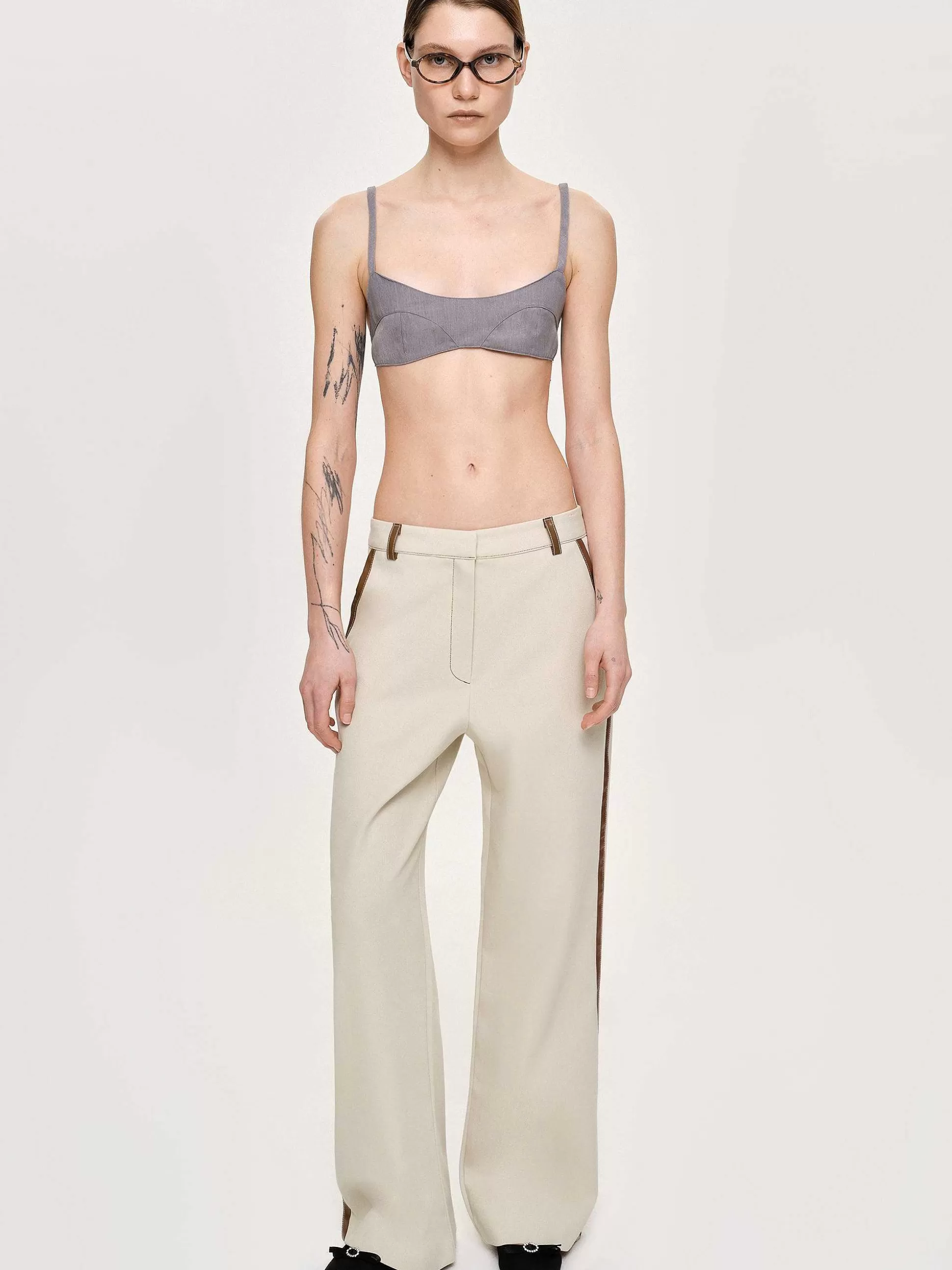Source Unknown Pantalon A Finitions En Cuir, Toile Outlet