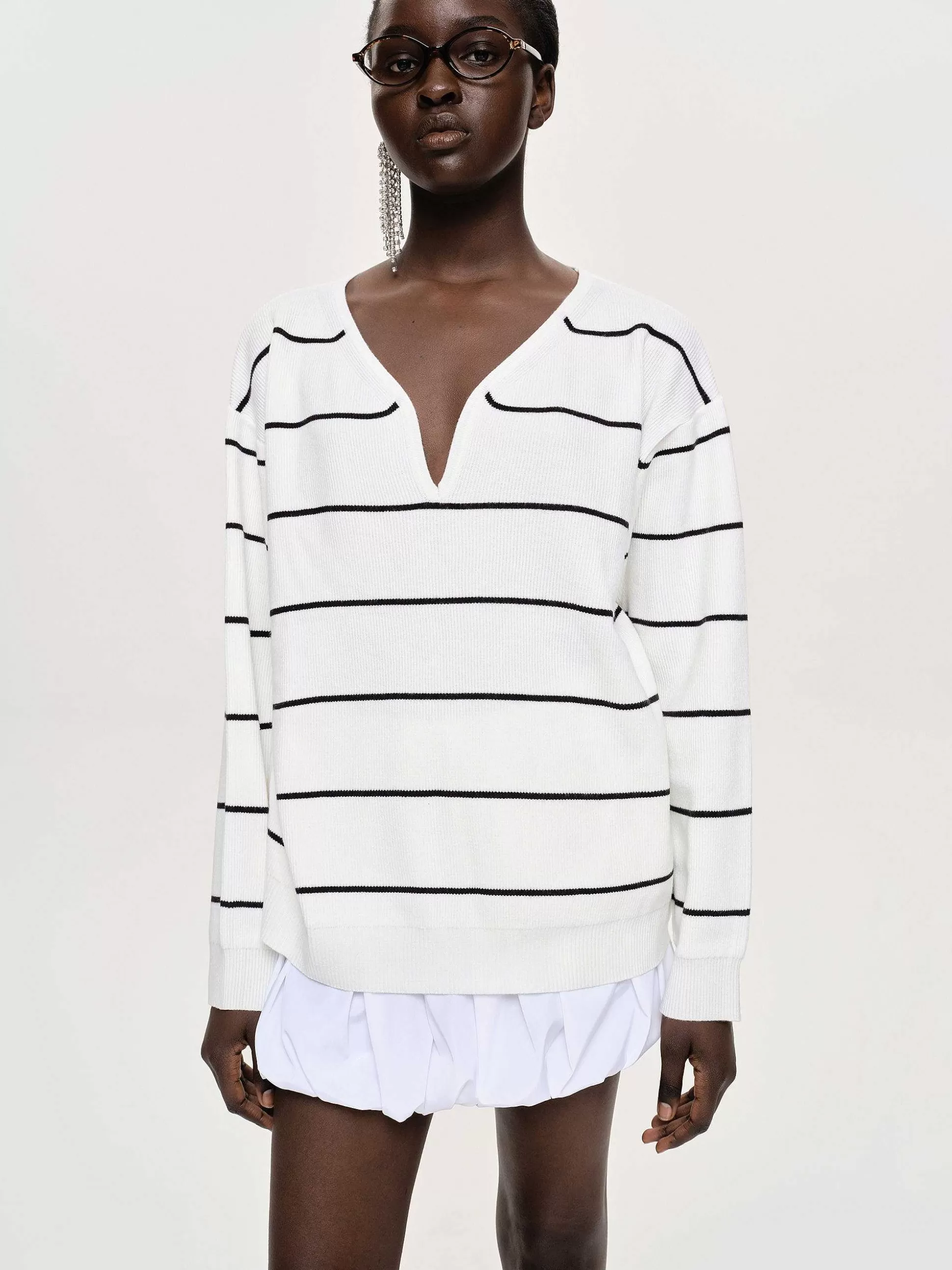 Source Unknown Pull Col V Profond, Rayures Blanches Discount