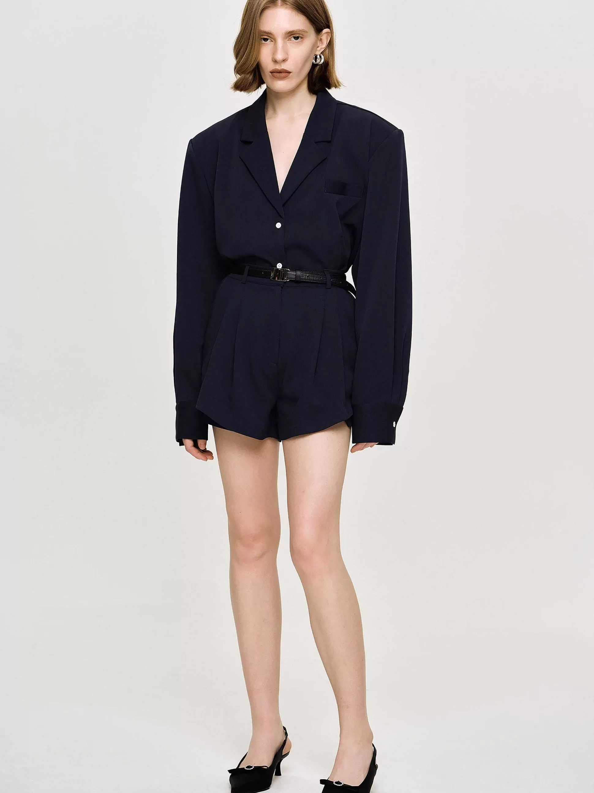 Source Unknown Short Angulaire Taille Haute, Bleu Marine Best Sale